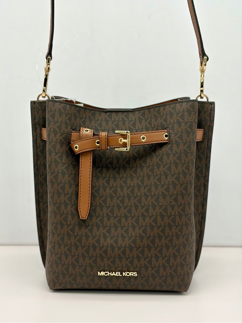 Michael Kors Emilia Small Bucket Messenger Crossbody Bag MK Brown